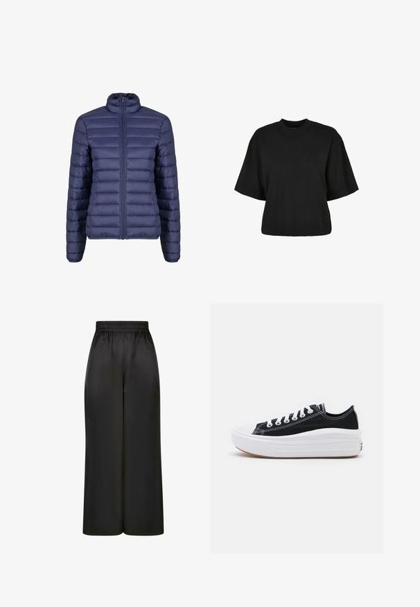 Navy blue puffer jacket with a high collar, quilted design, and a front zip closure. Smooth texture with evenly spaced horizontal panels.; Black cropped t-shirt made of cotton. Features short sleeves and a round neckline. Smooth texture with a simple design, no additional patterns.; Black wide-leg pants made of smooth, shiny fabric with an elastic waistband and no visible pockets or hardware details.; Black canvas sneakers with white laces, white rubber toe cap, and a chunky white midsole. Features subtle white stitching and a gum sole.
