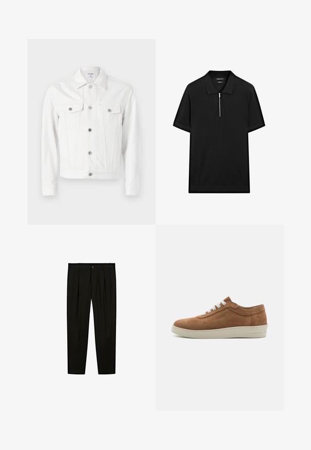 Hvid denimjakke med knaplukning fortil, to brystlommer og spids krave. Har sølvknapper og en struktureret pasform.; Sort kortærmet polo skjorte med ståkrave og frontlynlås. Lavet af et glat stof med et rent, minimalistisk design.; Sorte skræddersyede bukser lavet af glat stof. Funktioner inkluderer flad front, brede ben og en knaplukning i taljen.; Brune ruskinds sneakers med hvide snørebånd, rund tå og en tekstureret gummisål. Har en syet accent langs sålens kant.