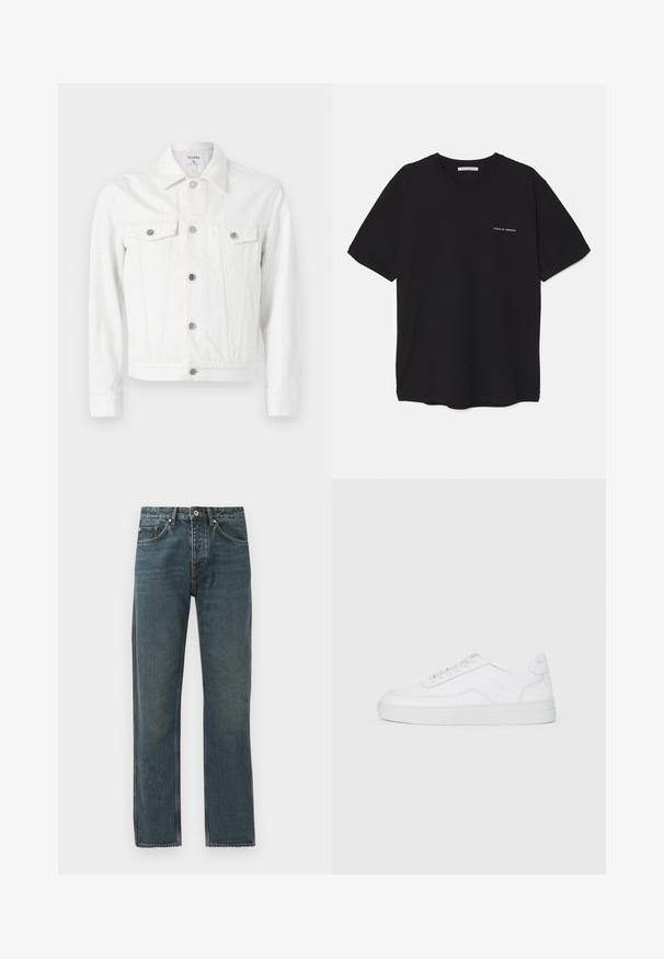 Hvit denimjakke med knappefront, to brystlommer og spiss krage. Har sølvknapper og en strukturert passform.; Svart bomull T-skjorte med rund hals, korte ermer, og hvit logo trykk på venstre bryst. Enkel, ensfarget design.; Mørkeblå denimjeans med rett ben-design, med fem lommer, knappeåpning og kontrasterende sømdetaljer.; Hvit lav ankel sneaker med snøring, glatt overdel og gummisåle på en enkel lys bakgrunn.