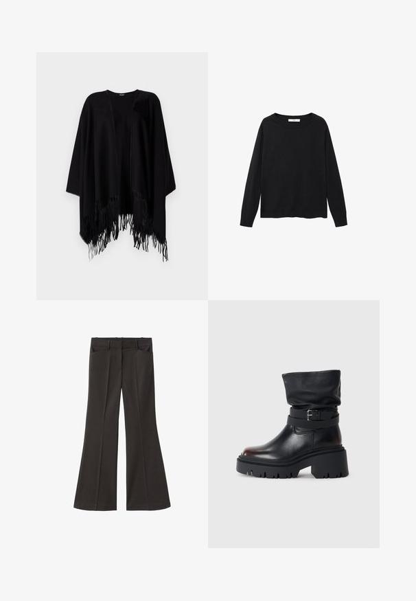 Black poncho made of soft material, featuring a loose design with open front, wide sleeves, and fringed edges at the bottom.; Black sweater with long sleeves, round neckline, and a relaxed fit. Made from a smooth, lightweight fabric with a simple design.; Black flared trousers with a high waist; features two front pockets and a smooth fabric texture. Suitable for various occasions.; Black leather ankle boot with a slouchy upper, buckle detail, and thick, rugged sole. Features a round toe and smooth texture.