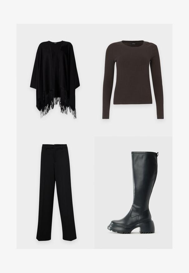 Black poncho made of soft material, featuring a loose design with open front, wide sleeves, and fringed edges at the bottom.; Brown, long-sleeve ribbed top with a crew neckline. Made from a smooth, stretchy material, featuring a fitted silhouette and minimal detailing.; Black wide-leg trousers made of smooth fabric, featuring a classic waistband with a button closure and front pleats.; Tall black leather boot with chunky platform sole and block heel, featuring pull tab and textured tread on outsole.