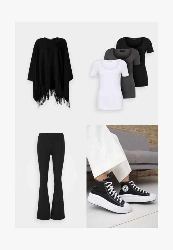 Poncho negru din material moale, cu un design lejer, cu față deschisă, mâneci largi și margini ciucurate la bază.; Trei tricouri ajustate, în alb, gri și negru. Fiecare are un decolteu larg în formă de cerc și mâneci scurte. Fabricate dintr-un material neted și elastic.; Pantaloni negrii evazați dintr-un material elastic, având un talie înaltă și o textură netedă. Pantalonii se lărgesc de la genunchi.; Adidași negri înalți cu tălpi și șireturi albe din cauciuc. Prezintă o pată logo rotundă și cusături albe contrastante. Material din pânză.