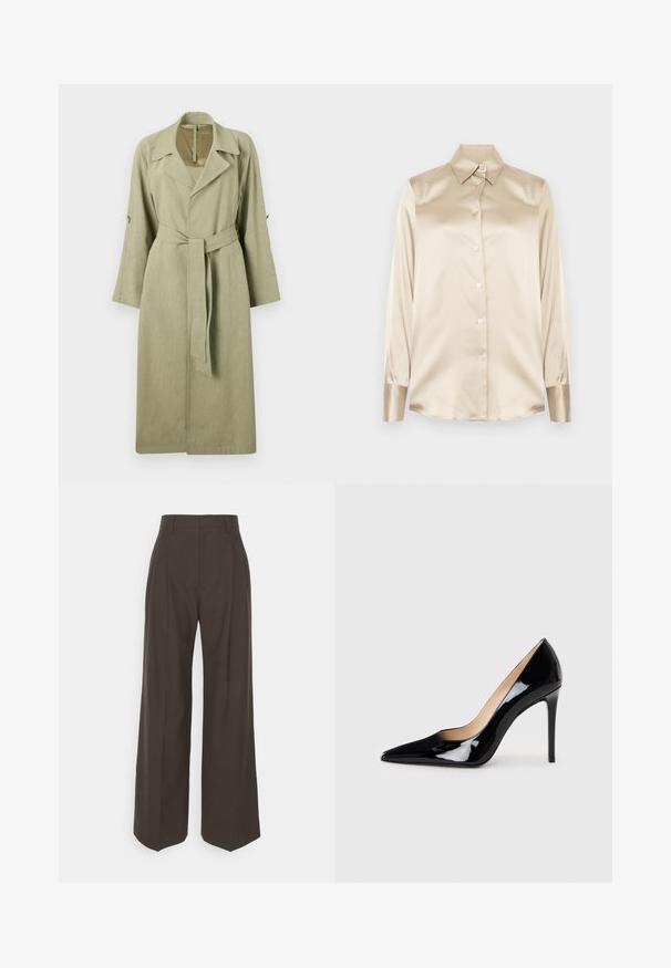 Garšīgs, gaiši zaļš mētelis, kas izgatavots no austo auduma. Tam ir apkakle, plata piedurkne, josta un pogu akcenti piedurkņu apakšā.; Beige satīna krekls ar asām apkaklēm, pilna garuma piedurknēm, ar pogu aizdari un nedaudz spīdīgāka finiša aprocēm. Nav rakstu vai akcentu.; Tumši brūni platajiem galiem bikses ar augstu jostasvietu, kas pieejamas ar uzmanīgi presētām krokām, gludu tekstūru un pielāgotu piegriezumu.; Melnā lakota ādas augstpapēžu kurpe ar norādītas formas purngalu un elegantu siluetu. Iespēj gludu, spīguļojošu apdari un šauru stiletto papēdi.