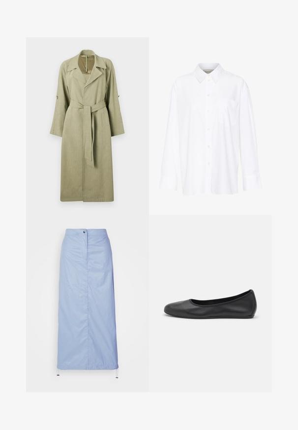 Pikad, helekrohelised trenškokid, mis on valmistatud kudumiskangast. Omab kraed, laiu varrukaid, vööd ja nööbile rõhuvaid aktsente varrukatel.; Valge pika käisega krae särg, mis on valmistatud puuvillast. Omab nööbipaneeli esiosa ja ühte rinna taskut. Sujuv tekstuur, vabalt lõigatud.; Hele sinise, keskmise pikkusega seelik, mis on valmistatud siledast, kergest materjalist ja millel on sirge lõige. Seelikul on eesnuppude sulgemine ja tõmbluku äär.; Musthave mustika tantsutossud mustast nahast, ümmarguse varbaga, siledast tekstuurist, minimaalse õmblusdetailiga ja paindliku tallakujundusega.