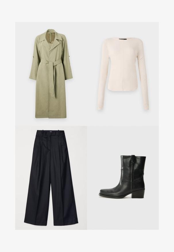 Pikad, helekrohelised trenškokid, mis on valmistatud kudumiskangast. Omab kraed, laiu varrukaid, vööd ja nööbile rõhuvaid aktsente varrukatel.; Pikkade varrukatega helesinine topp ümmarguse kaelusega. Valmistatud pehmest kangast, sisaldab keskset õmblust ja kergelt kaardus serva. Ei ole nähtavat riistvara.; Mustad laiad püksid, mis on valmistatud sileda kangaga, kõrge vöökoha, voldikute ja vormitud disainiga. Vöökoha juures on lihtne must riistvara.; Musta nahast pahkluu saabas ümarate varvastega, plokknäppu, külgsepa ja pealsetel õmblusest aktsentidega. Sile tekstuur, klassikaline disain.