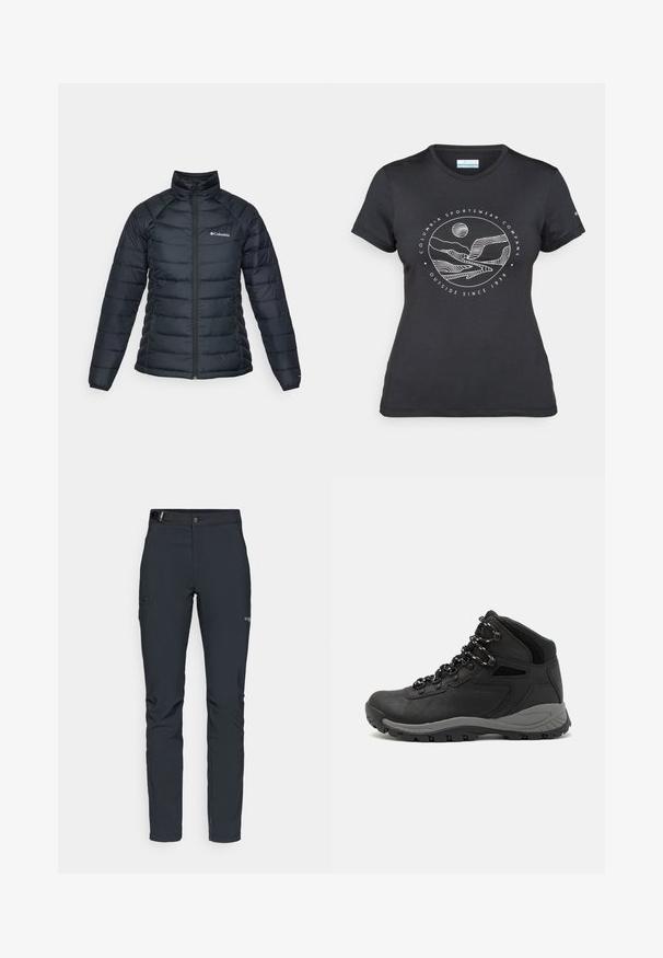 Juodas pūkinis džemperis su siūtu dizainu, aukštu apykakle ir pilnu užtrauktuku. Yra logotipas kairėje krūtinės pusėje ir elastingos rankovės.; Juodas "Columbia" marškinėliai su balta apskrita kalnų ir upės linijų grafika bei tekstu "Columbia Sportswear Company Lauke nuo 1938 metų."; Vyrų lauko kelnės, tamsiai pilkos, pagamintos iš elastingos medžiagos, su diržu, užtrauktukais užtraukiamomis kišenėmis ir sustiprinta siūle.; Juodas žygio botas su vidutinio aukščio dizainu, pasižymintis tekstūruota viršutine dalimi, pilkų akcentų ir patvaria guma padanga su sukibimo gumbais.