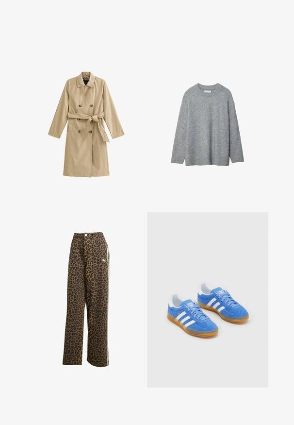 Beżowy trencz wykonany z lekkiego materiału, zapinany na podwójne guziki, z paskiem w talii, dwiema bocznymi kieszeniami oraz podszytym kołnierzem.; Szary, dzianinowy sweter z okrągłym dekoltem, opadającymi ramionami i ściągaczami. Miękka faktura i luźny krój. Brak wzorów lub akcentów.; Szerokie spodnie w panterkę w odcieniu brązowym z czarnymi plamami, z wysokim stanem i białymi paskami po bokach, wykonane z materiału bawełnianego.; Niebieskie zamszowe buty sportowe z białymi paskami, gumową podeszwą i wyściełanym kołnierzem dla większego komfortu. Posiadają klasyczny sznurowany design.