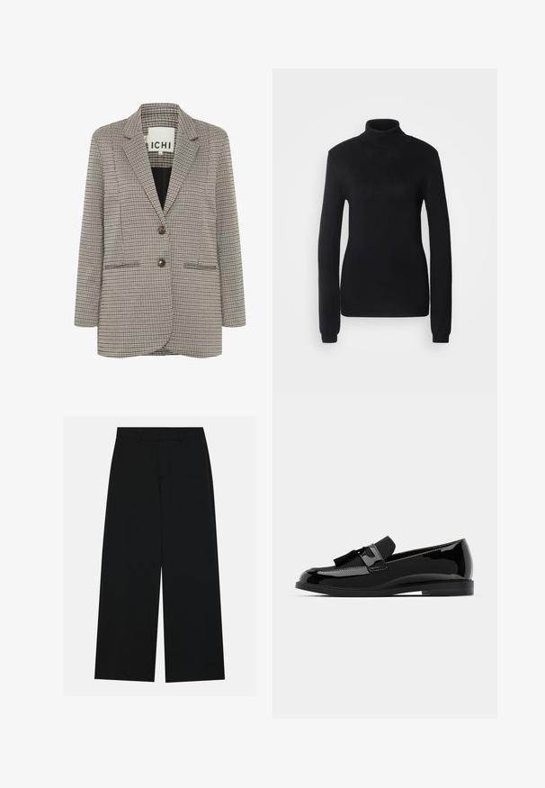 Ruudullinen bleiseri beige ja musta. Rakenne, jossa on lovetut kaulukset, kaksi etutaskua ja edessä kaksi ruskeaa nappia.; Musta poolneule, joka on valmistettu pehmeästä neulekankaasta. Se on pitkähihainen ja hyvin istuva, jossa on ribbollinen kaulus ja vyötärö.; Löysi mustat housut, jotka on valmistettu sileästä kankaasta. Niissä on tasainen vyötärö, jossa on vyölenkit, eikä näkyviä taskuja. Yksinkertainen muotoilu.; Musta patentoitu nahkakengät, joissa on litteä korko, tasselikoriste ja sileä pinta, muotoiltu pyöreällä varvalla ja huomaamattomalla ompeleella.