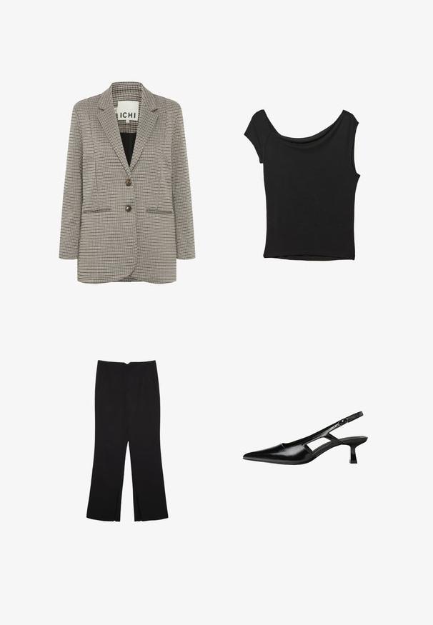 Karirana jakna v bež in črni barvi. Strukturiran dizajn z zareznimi reverji, žepi spredaj in dvema rjavima gumboma spredaj.; Črna kratka majica s kratkimi rokavi iz gladkega blaga; ima drapiran izrez in asimetrično spodnjo rob, s prilegnjenim telesom.; Črne hlače ravnega kroja z naglavnimi žepi in stranskimi razporki na robu. Narejene iz mehke, gladke tkanine. Primerne za različne priložnosti.; Črne patentični usnjeni salonarji s slingback designom, z zašiljenim nosom, izrezanim stranskim dizajnom in majhnim kvadratnim peto. Gladka tekstura z minimalnimi detajli.