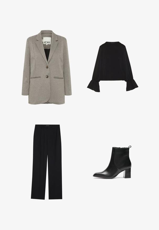 Ruudullinen bleiseri beige ja musta. Rakenne, jossa on lovetut kaulukset, kaksi etutaskua ja edessä kaksi ruskeaa nappia.; Musta pitkähihainen toppi, jossa on levenevät hihansuut, pehmeä rakenne ja rento fit, yksinkertaisella pyöreällä pääntiellä.; Mustat housut suoralla lahkeella, joissa on kaksi etutaskua ja vyötärö. Valmistettu sileästä, kevyestä kankaasta.; Musta nahkainen nilkkuri, jossa on pyöreä kärki, keskikorkea paksu korko ja vetoketju takana. Sujuva pinta, minimalistinen muotoilu.