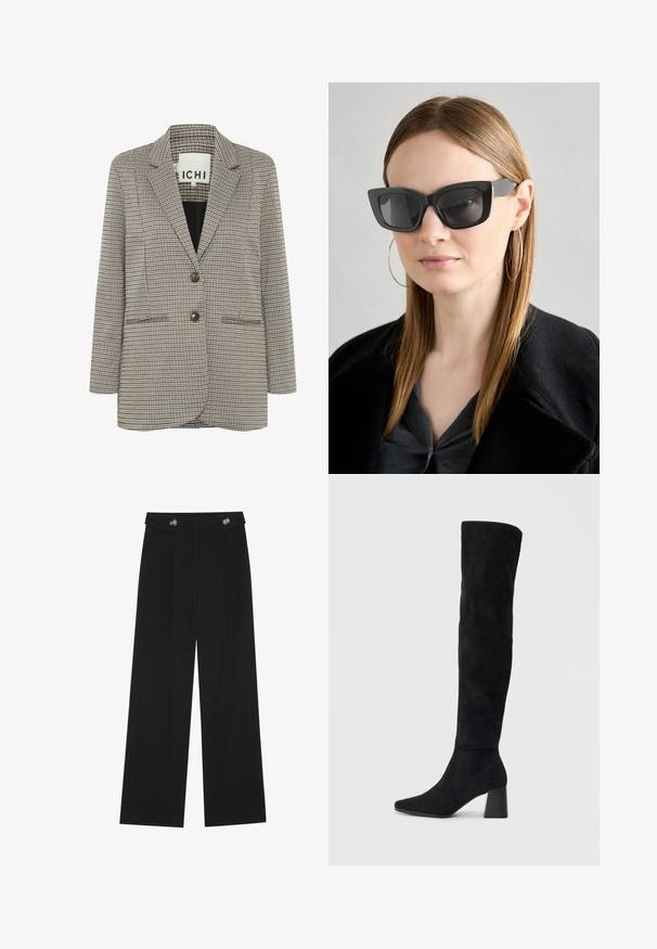 Kockovaný blejzer v béžovej a čiernej farbe. Štruktúrovaný dizajn s klopovými goliermi, dvoma prednými vreckami a dvoma hnedými gombíkmi na prednej strane.; Čierny top s dlhými rukávmi, flitrovanými manžetami, mäkkou textúrou a voľným strihom, s jednoduchým okrúhlym výstrihom.; Čierne široké nohavice s vysokým pásom, so zapínaním na gombíky na páse a prednými sklady.; Čierna semišová kozačka po kolená s blokovým podpätkom, špicatou špičkou a hladkým, bezšvovým dizajnom na jednoduchom svetlom pozadí.; Čierne mačacie slnečné okuliare s tmavými sklami, hrubými obručami a jemnými detailami. Nosí sa s čiernym kabátom a sivým topom, pričom má dlhé rovné vlasy.