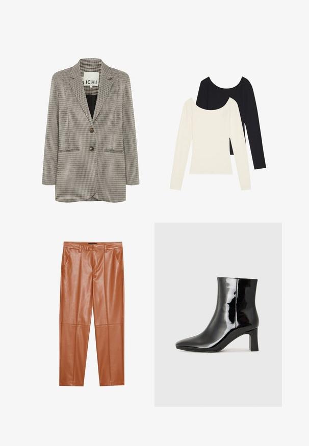 Kratkowana marynarka w beżowo-czarnym kolorze. Strukturalny fason z klapami, dwiema przednimi kieszeniami i dwoma brązowymi guzikami z przodu.; Dwa long-sleeve topy, jeden biały, a drugi czarny, z prążkowanym teksturą i szerokim dekoltem, leżące płasko z wyciągniętymi rękawami.; Brązowe spodnie z sztucznej skóry o dopasowanym kroju, z przodem z fałdami i prostymi nogawkami. Gładka tekstura bez widocznych elementów metalowych lub akcentów.; Czarne lakierowane botki za kostkę z wysmukłym noskiem i średniej wysokości obcasem w kształcie słupka. Gładka tekstura i minimalistyczny design.