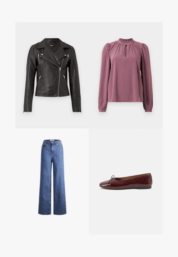 Must musta mootorratta jakk, millel on täpne disain, asümmeetriline eeslukk ja kolm lukuga taskut. Omab õlavarre epauletti.; Pika-sleeve lillebluu, millel on kogutud krae, võtmeaugu dekoltee nööpide kinnitusega ja veidi puhvne õlavarred.; Heled sinise denimist laiad jalad, kõrgema talje ja kahe eesmise taskuga, nähtavate õmblustega. Omab nuppu ja luku sulgemist.; Burgundi patendnahk kingad balletitüüpi, ümmarguse ninaosa, ees väike paelaaktsent ja madal must kummist tald. Sile tekstuur.