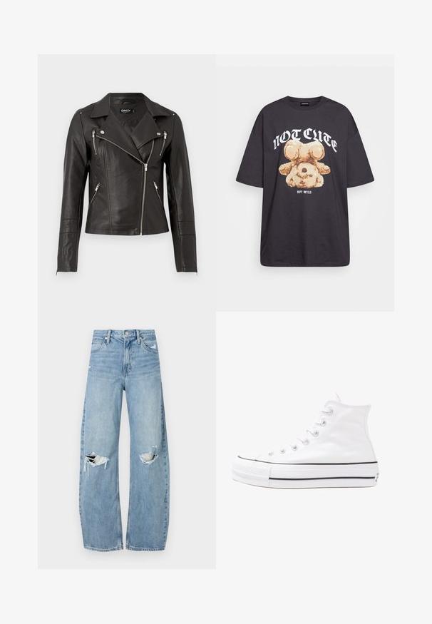 Schwarze Leder-Motorradjacke mit tailliertem Design, asymmetrischem Frontreißverschluss und drei Reißverschlusstaschen. Mit Schulterklappen.; Schwarzes, übergroßes T-Shirt mit einem Grafikdruck eines Bären und dem Text "NICHT SÜß, SONDERN WILD" in fetter, weißer Schrift. Baumwollmaterial.; Helles, hochtailliertes Jeans aus Denim. Hat weit geschnittene Beine, zwei aufgerissene Kniebereiche und klassischen Fünf-Taschen-Stil.; Weiße hochwertige Leinensneaker mit schwarzer Gummisohle, vorderem Gummizehenschutz und sechs Ösen für Schnürsenkel, die ein sauberes, minimalistisches Design aufweisen.