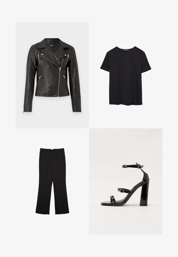 Sort lædermotorcykeljakke med en tætsiddende design, asymmetrisk frontlynlås og tre lynlåslommer. Har skulderepauleter.; Simpel sort kortærmet bomulds T-shirt med rund hals, præsenteret på en hvid baggrund.; Sorte bukser med lige pasform, der har frontlommer og slidser i kanten. Lavet af blødt, glat stof. Velegnet til forskellige anledninger.; Sorte patenterede hælsandaler med firkantet tå, ankelremme og sølvspænder. Har en chunky blokHæl for stabilitet.
