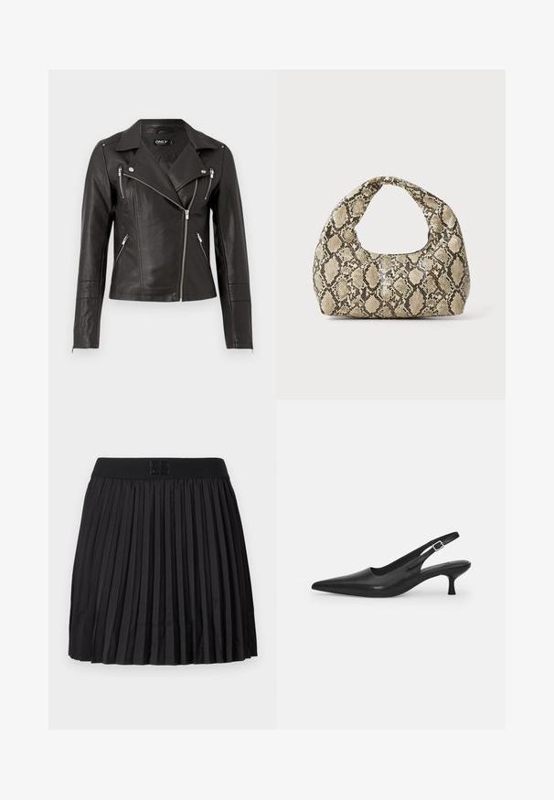 Giacca da moto in pelle nera con un design aderente, zip frontale asimmetrica e tre tasche con zip. Presenta spalline sulle spalle.; Top nero a maniche lunghe con scollo a V, corpo nero solido e maniche in pizzo trasparente con motivi floreali. Texture complessivamente liscia.; Gonna nera plissettata con una texture liscia, dotata di una vita nera unita e un dettaglio del logo impresso sul davanti.; Scarpa slingback nera in pelle con punta affusolata e tacco sottile e curvato. Presenta una discreta fascia regolabile con una fibbia in metallo.; Borsa a stampa rettile con manico curvo. Realizzata in materiali testurizzati beige e marroni, presenta un distintivo motivo a rombi.