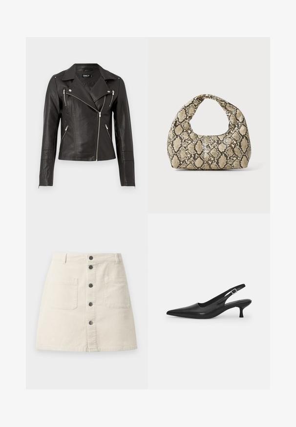 Veste de moto en cuir noir avec un design ajusté, fermeture éclair frontale asymétrique et trois poches zippées. Équipée d'épaulettes.; Pull à manches longues beige clair avec une texture côtelée, un col rond et une coupe ajustée. Tissu doux et poignets sans couture.; Mini jupe en velours côtelé beige avec fermeture à boutons sur le devant, deux grandes poches plaquées et passants de ceinture à la taille.; Chaussure slingback en cuir noir avec un bout pointu et un talon fin et incurvé. Dispose d'une sangle ajustable discrète avec une boucle en métal.; Sac à main en motif serpent avec une poignée incurvée. Fabriqué à partir de matériaux texturés beiges et bruns, présentant un motif en diamant distinctif.