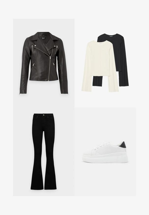 Czarna skórzana kurtka motocyklowa z dopasowanym krojem, asymetrycznym zapięciem na zamek z przodu oraz trzema zasuwanymi kieszeniami. Posiada pagony na ramionach.; Zestaw dwóch bluzek z długim rękawem w kolorze białym i czarnym. Prążkowana struktura, okrągły dekolt, dopasowany fason z lekko rozszerzanymi rękawami.; Czarne, wysokie dżinsy z guzikem i zamkiem błyskawicznym, z przednimi kieszeniami i rozszerzanymi nogawkami, leżące płasko na białym tle.; Białe sneakersy na platformie wykonane z gładkiego materiału syntetycznego, z zaokrąglonym noskiem, sznurowanym zapięciem i teksturowaną gumową podeszwą. Czarne akcenty na pięcie.