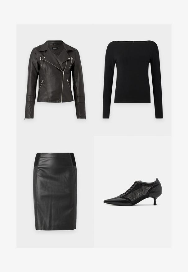 Musta nahkamoottoripyörätakki, jossa on kapea muotoilu, epäsymmetrinen etuvetoketju ja kolme vetoketjullista taskua. Sisältää olkavaljaat.; Mustapaitahihaton, jossa on veneenmuotoinen kaula-aukko, valmistettu sileästä kankaasta. Yksinkertainen muotoilu ilman kuvioita tai yksityiskohtia.; Mustat nahkaiset lyhyet hameet, joissa on tiukka muotoilu, sileä pinta ja joustavat vyötärönauhan yksityiskohdat molemmin puolin. Litteä helma alareunassa.; Mustat kärjetossut, joissa on verkkopaneeli, matala korko ja nauhanytkytys edessä. Valmistettu nahka- ja verkkokombinaatiosta.