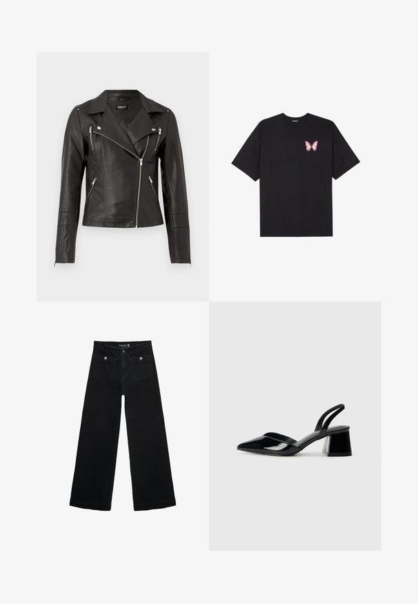 Sort lædermotorcykeljakke med en tætsiddende design, asymmetrisk frontlynlås og tre lynlåslommer. Har skulderepauleter.; Sort bomulds T-shirt med korte ærmer, prydet med en lille pink sommerfugl grafik på venstre bryst. Rund hals design med en afslappet pasform.; Sorte vidde jeans med høj talje, der har to forlommer og metalknapdetaljer. Stoffet har en glat tekstur.; Sorte patentlæder slingback hæle med spids tå og en geometrisk blok hæl. Har et elegant, minimalistisk design og en glat tekstur.