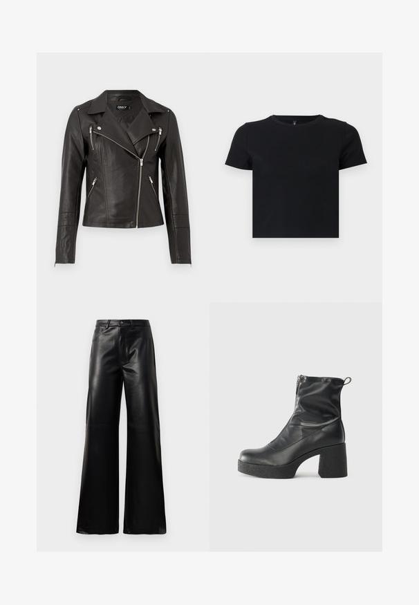 Črna usnjena motoristična jakna s prilegajočim dizajnom, asimetričnim sprednjim zadrgo in tremi žepi z zadrgo. Ima rame epaulete.; Črna majica s kratkimi rokavi, izdelana iz mehke bombažne tkanine. Ima okroglo ovratnico in oprijet kroj. Gladka tekstura brez vzorcev ali dodatkov.; Črne široke hlače iz umetnega usnja z visokim pasom, sprednjim gumbom, zadrgo, zanke za pas in stranskimi žepi na beli podlagi.; Črne gležnjarje iz gladke kože z božnim zadrgo, masivnim teksturiranim peto in zaobljeno obliko prstov.