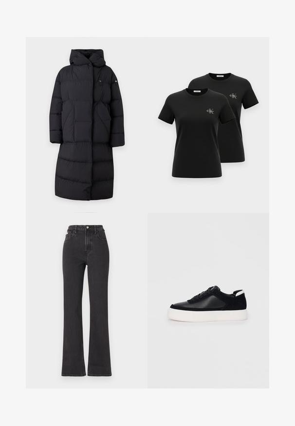 Blauer RUTH - Down coat - nero; Two black short-sleeve crewneck t-shirts with small grey "CK Calvin Klein" logos on the left chest, displayed on a white background.; Black high-waisted flared jeans made of denim, featuring a button closure, belt loops, and side pockets. Smooth texture with minimal fading.; Black sneaker with smooth leather and suede panels, flat laces, rounded toe, and a white rubber sole. Distinct logo on the heel.