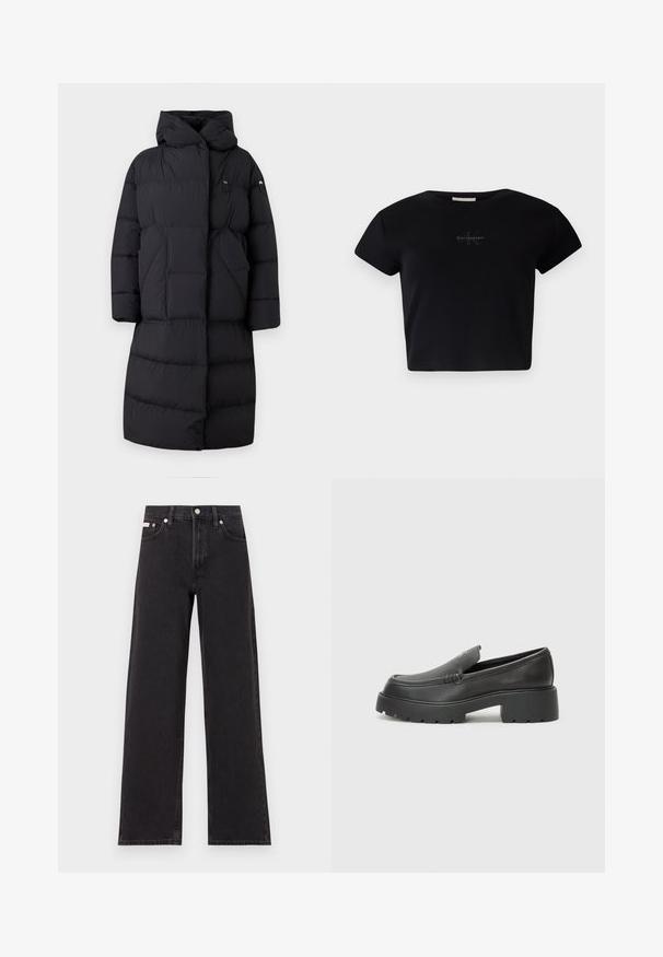 Blauer RUTH - Down coat - nero; Black ribbed short-sleeve crop top made of soft material, featuring a subtle Calvin Klein logo in the center. Simple, classic design.; Black wide-leg jeans made of denim, featuring a high-rise waist, five-pocket styling, and a metal button closure with contrasting stitching.; Black leather loafers with a rounded toe, thick textured sole, and minimal stitching details. Sleek design with no visible laces or hardware.