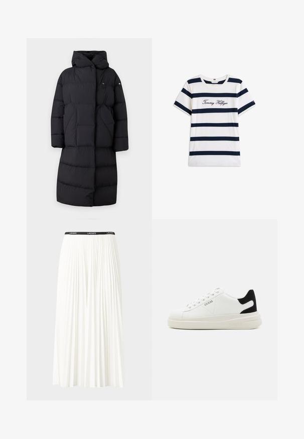 Blauer RUTH - Sulemantel - nero; Puuvillane T-särk horisontaalsete tumesiniste triipudega valgel taustal. Rinnal on kiri "Tommy Hilfiger" kantud kursiivis. Ümmargune kaelus.; Kurtitudega valge seelik musta elastse vööga, millel on "LACOSTE" logo. Keskmise pikkusega disain pehme tekstuuriga.; Valged nahast tennisetossud paksu valge tallaga, musta sametist kontsakeeuga ja külje peal riigilogo reljeefne kujundus. Lukkeskeem kuue silmaauguga.