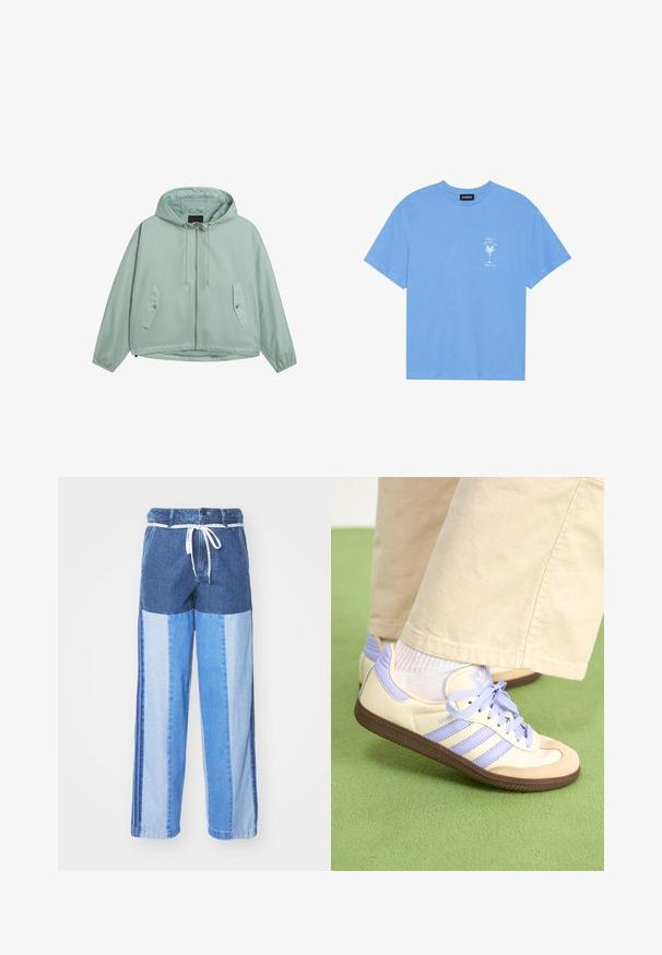 Lys grøn hættejakke lavet af glat stof, med en lynlås foran, to sidelommer og elastiske manchetter. Tynd snor i hætten.; Lyseblå bomulds t-shirt med rund halsudskæring. Har en hvid grafik af et palmetræ og tekst på venstre brystområde. Korte ærmer.; Blå denimbukser med et patchwork-design i forskellige nuancer af blå, snor i taljen og løse, lige ben.; Creme og lavendel sneakers med tre striber og en tekstureret brun sål, der har snørebånd og en polstret hæl. Blødt stof øvre.