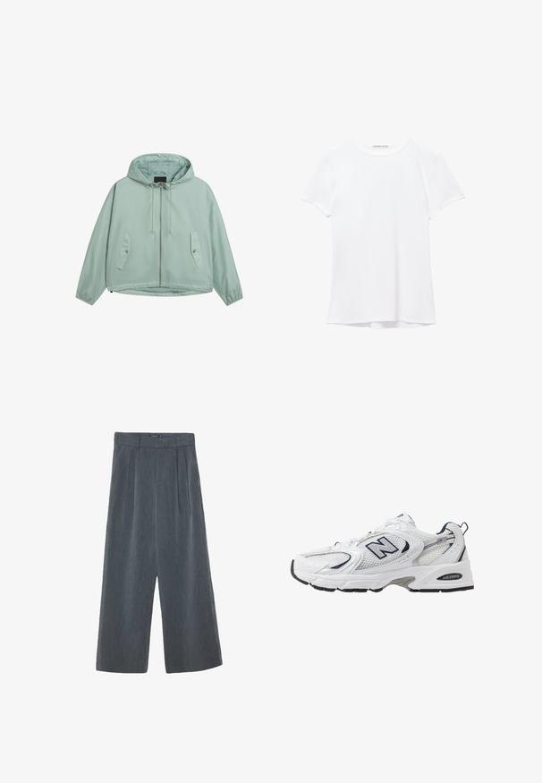 Giacca con cappuccio verde chiaro realizzata in tessuto liscio, dotata di una zip frontale, due tasche laterali e polsini elasticizzati. Filo sottile per stringere il cappuccio.; T-shirt bianco a maniche corte realizzato in tessuto liscio, caratterizzato da un colletto rotondo e dettagli di cucitura discreti all'orlo.; Pantaloni a gamba larga di colore grigio scuro, con tessuto testurizzato, frontale plissettato e design a vita alta con una cintura liscia.; Scarpa sportiva bianca con tomaia in mesh, dettagli in blu marino e suola imbottita. Presenta il logo "N", lacci e dettaglio texturizzato sul lato.