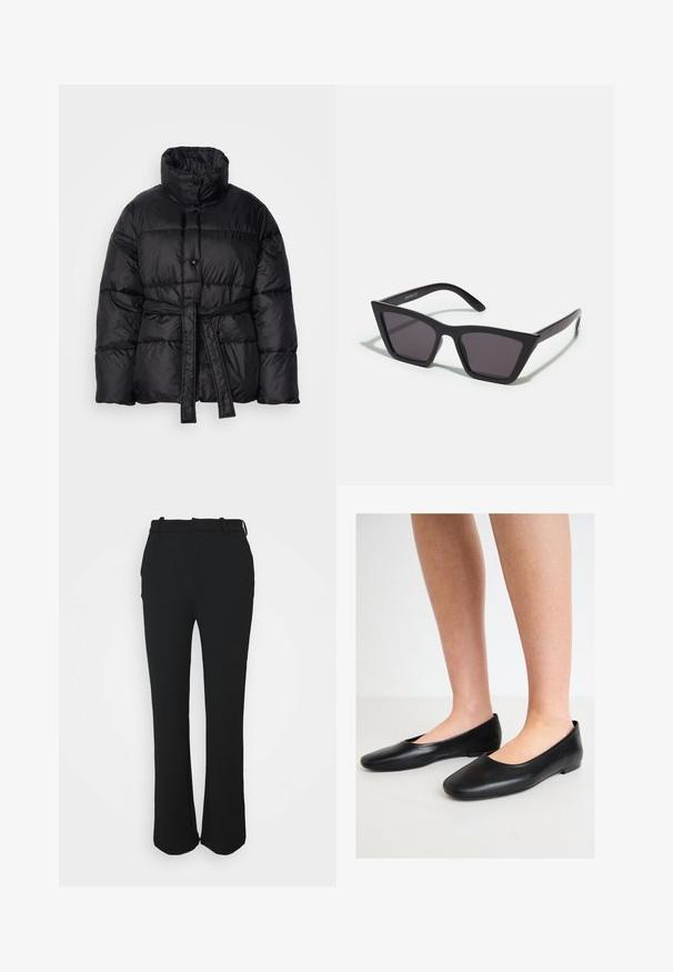 Czarna kurtka puchowa z wysokim kołnierzem, paskiem w talii i zapięciem na guziki. Wykonana z błyszczącego materiału o pikowanym wzorze i miękkiej fakturze.; Czarna bluzka na jedno ramię wykonana z miękkiego, elastycznego materiału, o dopasowanym kroju i marszczonym detalu po boku. W zestawie cienki, regulowany ramiączko.; Czarne, dopasowane spodnie z gładkim wykończeniem, prostą nogawką i paskiem w talii. Posiadają subtelne detale w postaci przeszyć i brak kieszeni.; Czarne baleriny wykonane z gładkiej skóry, z zaokrąglonym noskiem i niską, płaską podeszwą, charakteryzujące się designem wsuwanym i brakiem widocznych elementów metalowych.; Czarne, kanciaste okulary przeciwsłoneczne z szarymi soczewkami; wykonane z plastiku, z grubymi zausznikami o gładkiej powierzchni i bez widocznych elementów metalowych.; Brązowa skórzana torebka na ramię z dwoma solidnymi uchwytami, prostokątny kształt, gładka faktura i zamek błyskawiczny. Minimalistyczny design bez widocznych wzorów.
