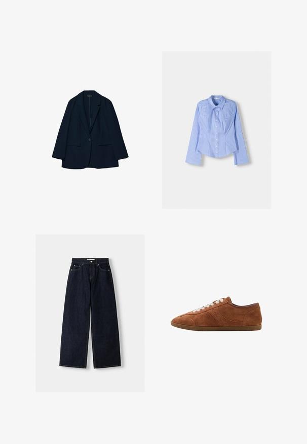 Blazer bleu marine en tissu lisse, avec un design ajusté, un col à revers, une fermeture à un bouton et deux poches avant.; Chemise à manches longues rayée bleue et blanche, avec col évasé, coupe ajustée et ourlet arrondi. Matière en coton texturé.; Jean large en denim bleu foncé à taille haute, avec cinq poches, des coutures contrastées et des éléments en métal argenté. Texture lisse et finition soignée.; Baskets en suède marron avec des lacets blancs, bout rond et accents texturés. Caractéristiques d'un profil bas et d'une semelle en caoutchouc avec une finition lisse.