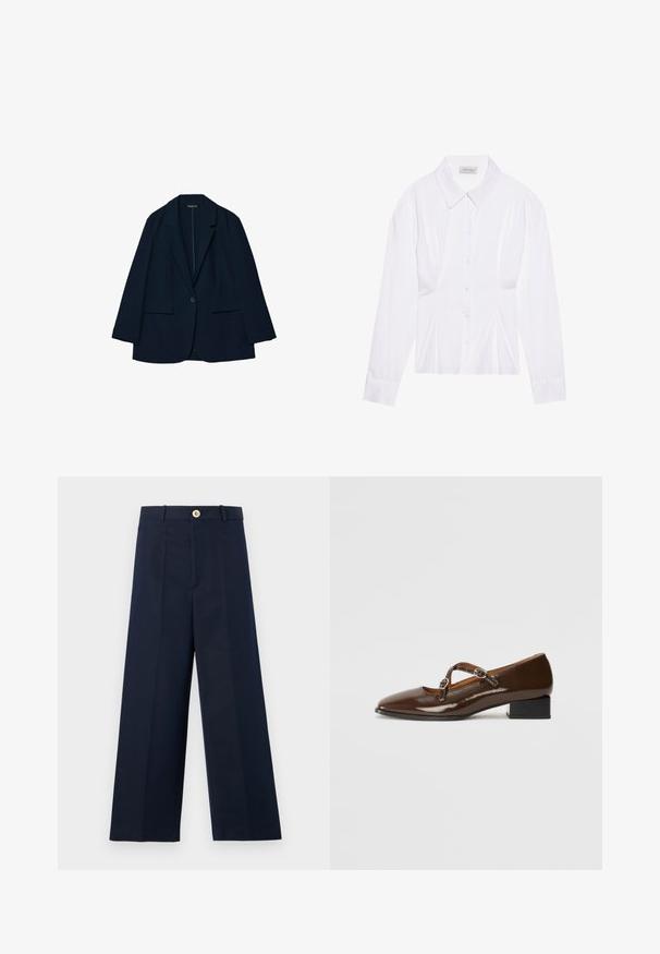 Mornarsko modra blazerka iz gladkega blaga, s prilagojenim dizajnom, ovratnikom v obliki klina, zapiranjem na en gumb in dvema sprednjima žepoma.; Bela bluzica z dolgimi rokavi s klasičnim ovratnikom, sprednjim zapenjanjem na gumbe in nabranimi stranskimi detajli. Gladek material s krojem, ki se prilega.; Mornarske široke hlače s ravnim krojem, lahkim materialom, zlatim gumbom v pasu in ostrimi sprednjimi gubami za strukturo.; Rjave patentirane usnjene Mary Jane čevlje s kvadratnim nosom, dvema nastavljivima paščkoma okrašenima z okroglimi kovinskimi zaponkami in nizko blok peto.