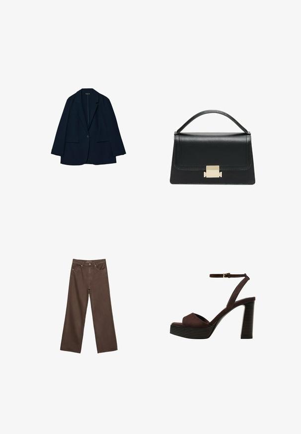 Tamnoplavi blejzer izrađen od glatkog materijala, s krojem po mjeri, rever kragnom, zatvaranjem na jedan dugme i dva prednja džepa.; Tamno sivi kratki rukav s izrezom u obliku čamca. Izrađen od rebrastog materijala, s opuštenim krojem i ravnim rubom. Jednostavan dizajn, bez uzoraka.; Proširene smeđe traperice od denima, s visokim strukom, prednjim džepovima i klasičnom kopčom na dugme. Glatka tekstura s suptilnim šavovima.; Smeđe zamšaste sandale s visokim potpeticama, otvorenim prstima, podesivom trakicom oko gležnja i prugastom platformom.; Crna kožna torba s strukturiranim dizajnom, gornjom drškom i zlatnim metalnim kopčanjem na prednjoj strani. Glatka tekstura, minimalno šivanje.