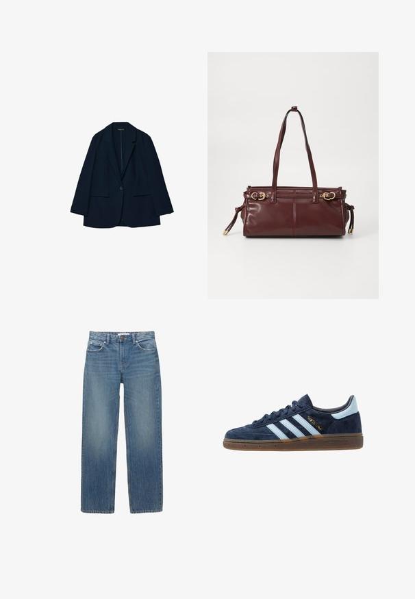 Marineblauwe blazer van gladde stof, met een op maat gemaakte pasvorm, reverskraag, sluiting met één knoop en twee voorkeurszakken.; Witte longsleeve t-shirt van zachte katoen, met een ronde halslijn en een gladde, schone afwerking zonder patronen of accenten.; Lichtblauwe denim jeans met een rechte snit, vijf zakken en koperen hardware. De stof heeft een lichte vervaging en een gladde textuur.; Marineblau suede Adidas sneaker met lichtblauwe strepen, gumzool, lichtblauw hielstuk en gouden "Spezial" branding aan de zijkant.; Bordeaux leren handtas met twee schouderbanden, gouden hardware en een ritsluiting. Heeft een gladde textuur en subtiele stikdetails.