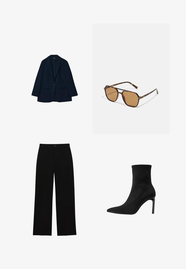 Navy blue blazer made of smooth fabric, featuring a tailored design, lapel collar, single button closure, and two front pockets.; Two long-sleeve turtleneck tops, one white and one black, made of a smooth, stretchy fabric, both featuring slim-fitting design and high collars.; Black, high-waisted, wide-leg trousers made of a smooth fabric, featuring a flat front, button closure, and no visible pockets.; Black ankle boot made of smooth suede, featuring a pointed toe and a high stiletto heel. Sleek, minimalist design without embellishments.; Brown-tinted sunglasses with a tortoiseshell frame, rectangular lenses, and slender arms featuring an orange accent pattern.; Brown suede handbag with a gold square clasp, top handle, and chain strap. Features a rectangular shape and rounded edges.