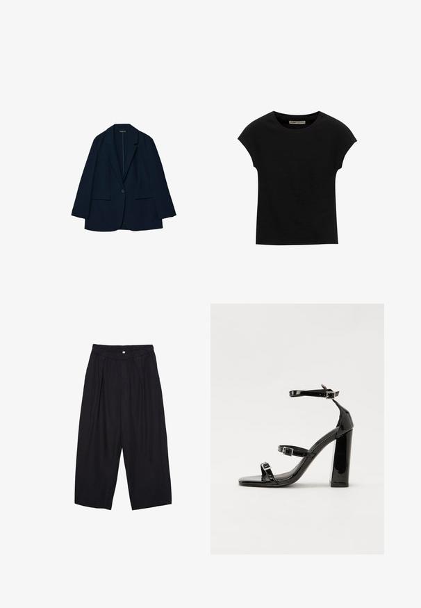 Marineblaues Blazer aus glattem Stoff, mit tailliertem Design, Reverskragen, einer Knopfschließe und zwei vorderen Taschen.; Schwarzes Kurzarm-T-Shirt aus weichem Stoff, mit Rundhalsausschnitt und lockerer Passform, glatter Textur und ohne Muster.; Schwarze Polyester-Culotte mit einem elastischen Bund, zwei vorderen Falten und einer lockeren Silhouette. Keine sichtbaren Muster oder Hardware-Details.; Schwarze patentierte Sandalen mit Absatz, quadratischer Spitze, Knöchelriemen und silbernen Schnallen. Mit einem stabilen Blockabsatz für mehr Stabilität.