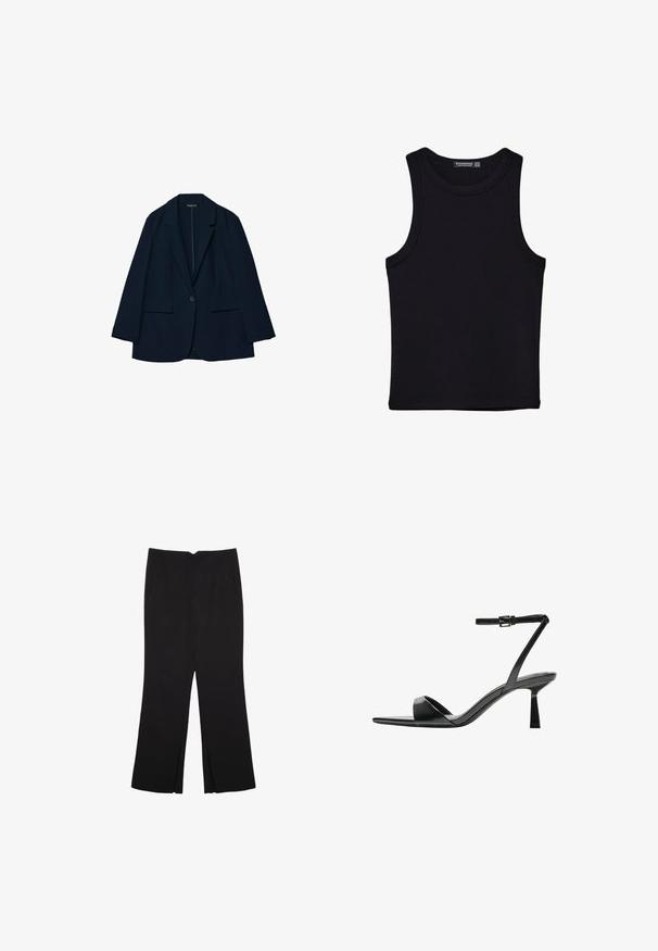 Navy blue blazer made of smooth fabric, featuring a tailored design, lapel collar, single button closure, and two front pockets.; Black tank top made of cotton, featuring a round neckline and wide armholes. Smooth texture with stitched hems. Classic, minimalist design.; Black trousers with a straight fit, featuring front pockets and side slits at the hem. Made of soft, smooth fabric. Suitable for various occasions.; Bershka High heeled sandals - black