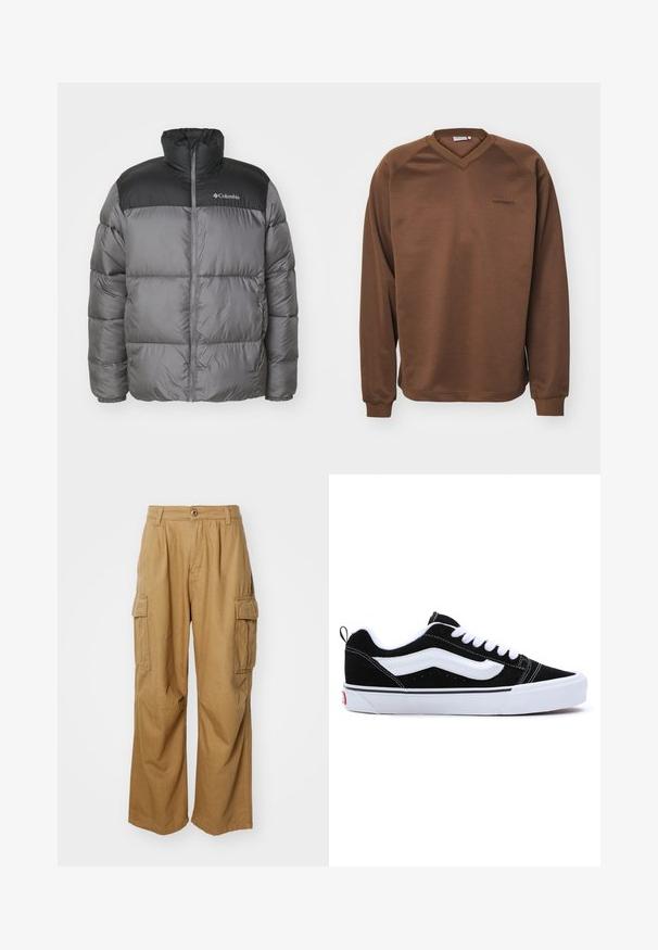 Pilkas pūkinis švarkas su juoda pečių plokšte. Yra aukštas apykaklė ir priekinis užtrauktukas. Tekstūruota medžiaga su siuvinėtais segmentais šilumai išlaikyti.; Rudas megztinis su V formos iškirpte, ilgomis raglaninėmis rankovėmis ir gipiūro iškirpėmis. Krūtinėje yra subtilus siuvinėtas logotipas. Skaidrus audinys.; Smėliniai cargo džinsai su tiesiomis kojomis, turintys dvi šonines kišenes ir mygtukų užsegimą. Pagaminti iš minkštos, patvarios medžiagos.; Juodi suede sportbačiai su baltais akcentais, turintys žemą fasoną, užrišamus raištelius ir storą baltą guminiu padais. Prekės ženklo logotipas ant kulno.