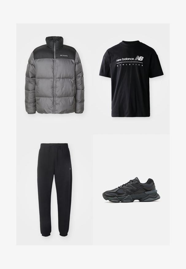 Gray puffer jacket with black shoulder panel. Features a high collar and front zipper. Textured fabric with quilted sections for insulation.; Black cotton t-shirt featuring a crew neck, short sleeves, and white "new balance" and "ATHLETICS" text graphics on the front.; Black sweatpants made of soft material with an elastic waistband, drawstring, and tapered cuffs, featuring a subtle logo on the side.; Black running shoe featuring a mix of mesh and synthetic materials, chunky sole, curved design, and prominent branding on the side.