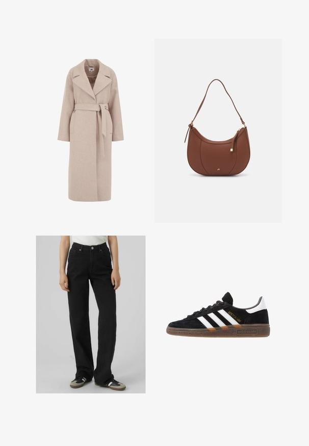 Šviesiai bežinis vilnos mišinio paltas su išlenktu apykakle, ilgomis rankovėmis, diržu aplink liemenį ir šoninėmis kišenėmis; lygus paviršius ir iki kelių ilgio dizainas.; Next RACER TANK - Viršus - white rib; Juodos aukštu liemeniu džinsai su tiesaus kirpimo prigludimu, pagaminti iš džinsinio audinio, turintys dvi priekinės kišenes ir žalvario detales.; Juodos Adidas sportbačiai su baltais dryžiais, auksiniu „Spezial“ užrašu, guminėmis padais ir balta kulno juostele, rodomi šoninio vaizdo.; Ruda dirbtinės odos petinė piniginė su kreiva forma, minimalia siuvimo linija ir auksinės spalvos įranga. Yra užtrauktuko uždarymas viršuje ir reguliuojama petneša.