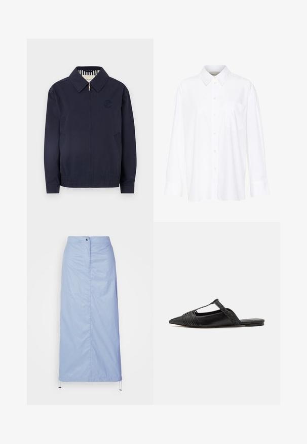 Marineblaue Bomberjacke mit Reißverschluss, Kragen, gesticktem Logo auf der Brust und elastischen Bündchen. Mit Seitentaschen und gestreiftem Futter.; Weißes Langarmhemd mit Kragen aus Baumwolle. Verfügt über eine durchgehende Knopfleiste und eine Brusttasche. Glatte Textur, lockere Passform.; Helleblaue Midilänge-Rock aus glattem, leichtem Material mit geradem Schnitt, verfügt über eine Knopfverschluss vorne und einen Kordelzugsaum.; Schwarzer Leder-Slingback-Schuh mit spitzem Zehenbereich, ausgestattet mit einem geflochtenen Akzent und einem gefalteten Oberdesign. Flache Sohle mit minimalem Zubehör.