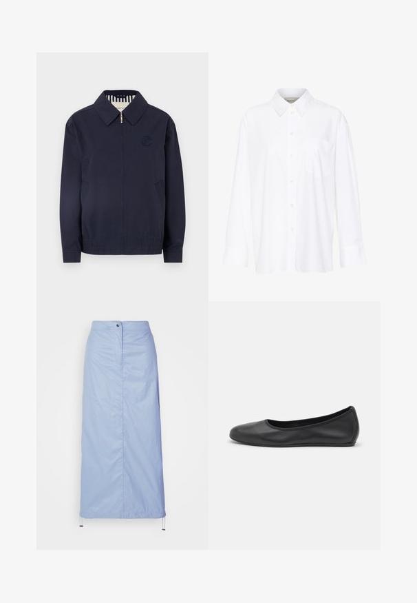 Navy blue bomber jacket with a zipper, collar, embroidered logo on the chest, and elastic cuffs. Features side pockets and a striped lining.; White long-sleeve collared shirt made of cotton. Features a button-down front and a single chest pocket. Smooth texture, relaxed fit.; Light blue, mid-length skirt made of smooth, lightweight material with a straight cut, features a front button closure and drawstring hem.; Black leather ballet flat with a rounded toe, smooth texture, minimal stitching detail, and a flexible sole design.