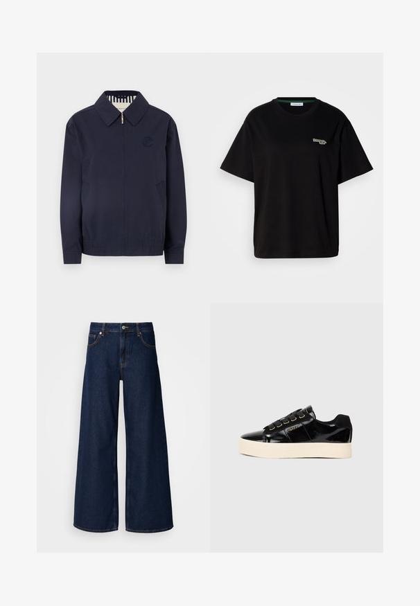 Navy blue bomber jacket with a zipper, collar, embroidered logo on the chest, and elastic cuffs. Features side pockets and a striped lining.; Black cotton t-shirt with short sleeves, featuring a small green logo accent on the left chest. Classic crew neckline, relaxed fit.; Wide-leg dark blue denim jeans with a high waist, front pockets, and a button closure. Features contrast stitching and a smooth texture.; Black patent leather sneakers with a flat cream sole. Features black laces, gold eyelets, and logo detail on the side. Rounded toe design.
