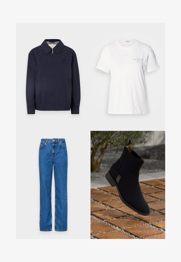 Sötétkék bomber dzseki cipzárral, gallérral, hímzett logóval a mellkason és elasztikus mandzsettákkal. Oldalsó zsebekkel és csíkozott béléssel rendelkezik.; Fehér pamut póló rövid ujjakkal, kerek nyakkivágással, és rózsaszín/kék grafikával, amelyen a "Gant Sports Club 1949" felirat olvasható a mellrészen.; Kék farmernadrág magas derekú fazonban, egyenes lábszámmal, fehér varrási részletekkel és klasszikus gombos záródással a deréknál.; Fekete bőr bokacsizma sima felülettel, sárga bélés és húzófül; egy texturált fa és kavicsos háttéren.