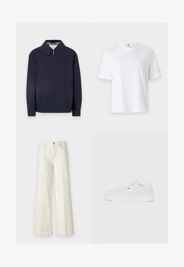 Jūras zila bomber jakas ar rāvējslēdzēju, apkakli, izšūtu logo uz krūtīm un elastīgiem aprocēm. Ietver sānu kabatas un svītrainu oderi.; Balts kokvilnas T-krekls ar apaļu kaklu, īsām piedurknēm un smalku dzeltenu logo dizainu, kas lasa "HILFIGER NEW YORK 1985". Standarta izgriezums.; Platās kāju baltās džinsas, izgatavotas no kokvilnas maisījuma auduma. Tām ir rāvējslēdzēja josta, piecu kabatu dizains un šuvju izšuvumi gar šuvēm.; Baltas zemas sporta apavi ar priekšējo saitēm, perforētu purngalu un mazu sarkanu, baltu un melnu logotipu sānos uz vienkrāsaina fona.