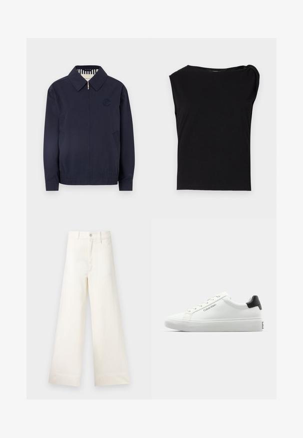 Tumesinise bomber-jakk, millel on tõmblukk, krae, rinnal kirja õmmeldud logo ja elastsed varrukad. Sisaldab küljetaskuid ja triibulist voodrit.; Must be pime mustaga lühikese varrukaga topp, mis on valmistatud sileda kangaga. Omab ringikujulist kaeluse ja õlariba detaili. Lihtne, keha järgiv disain.; Laiad püksid heleses puuvillas. Omavad kõrget vööd, ees on taskud ja sirge lõige. Puhtad ääred ilma mustriteta.; Valge tennisekenks, millel on sile viimistlus, must kontsatarvik ja paelaga disain. Küljel on "Calvin Klein" bränditus. Minimalistlik stiil.