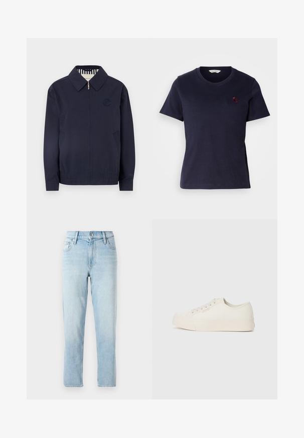 Marineblaue Bomberjacke mit Reißverschluss, Kragen, gesticktem Logo auf der Brust und elastischen Bündchen. Mit Seitentaschen und gestreiftem Futter.; Navyblaue Baumwoll-T-Shirt mit V-Ausschnitt, kurzen Ärmeln und einem kleinen, burgunderrot gestickten Logo auf der Brust. Weicher Stoff.; Hellblaue Jeans aus Denim, mit geradem Bein, mittelhoher Taille, fünf Taschen und einem Knopfverschluss vorne.; Sneaker aus off-weißem Canvas, mit einem Low-Top-Design, runder Zehenpartie und flacher Gummisohle mit dezenten Nähdetails.