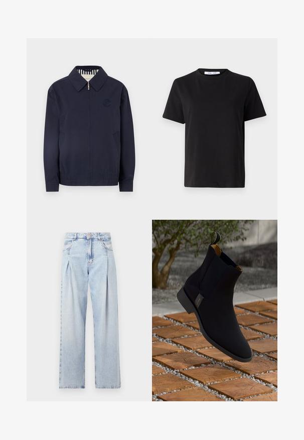 Tamsiai mėlynas bomber tipo švarkas su užtrauktuku, apykakle, išsiuvinėtu logotipu ant krūtinės ir elastingomis rankovėmis. Turi šonines kišenes ir dryžuotą pamušalą.; Juodas trumpas rankovės marškinėliai, pagaminti iš minkštos medvilnės, su apvaliu iškirpimu, laisvu pritaikymu ir lygiu paviršiumi. Nėra matomų raštų ar grafikos.; Šviesiai mėlyni džinsai su aukštu liemeniu, plačiomis kojomis, dviem šoninėmis kišenėmis ir raukinių dizainu. Minkšta tekstūra su nudilusia apdaila.; Juodas odinis aulinukas su lygia apdaila, geltonu vidiniu pamušalu ir kilpomis; padėtus ant tekstūruoto medžio ir žvyro paviršiaus.