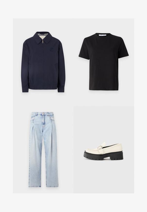 Giacca bomber blu navy con zipper, colletto, logo ricamato sul petto e polsini elasticizzati. Presenta tasche laterali e fodera a strisce.; T-shirt nero a maniche corte realizzato in morbido cotone, con scollatura rotonda, vestibilità rilassata e una superficie liscia. Nessun motivo o grafica visibile.; Jeans in denim azzurro chiaro con vita alta, taglio a gamba larga, due tasche laterali e design plissettato. Texture morbida con una finitura sbiadita.; Mocassino in pelle bianca con suola platform nera chunky, caratterizzato da una fibbia rettangolare argentata e dettagli di cucitura visibili sulla parte superiore.